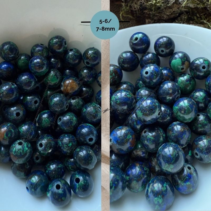 Perles azurite malachite naturelles 5/6 mm et 7/8 mm – comparaison des tailles en gros plan