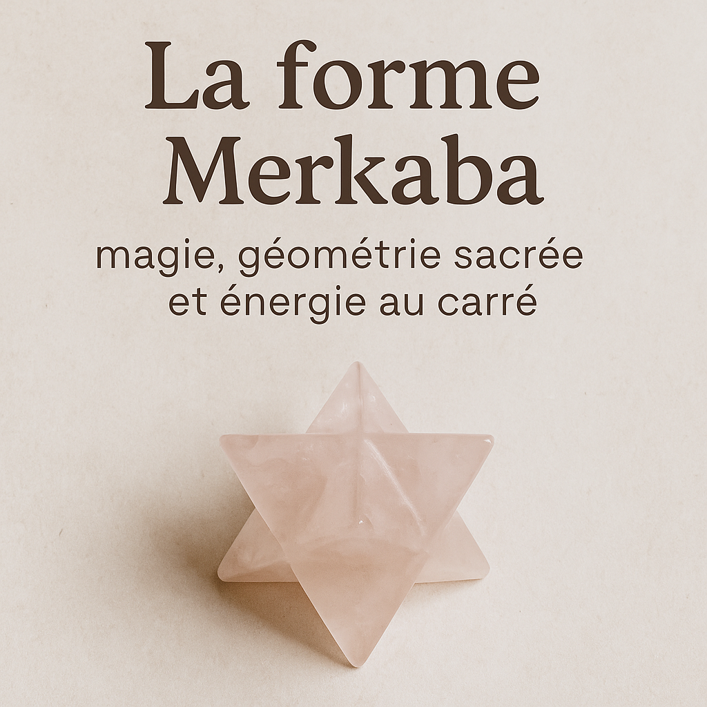 Forme Merkaba en quartz rose posée sur fond neutre avec titre "La forme Merkaba"