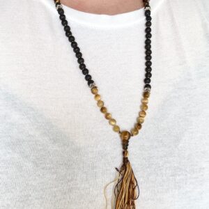Mala œil de tigre et pierre de lave – 108 perles nouées main